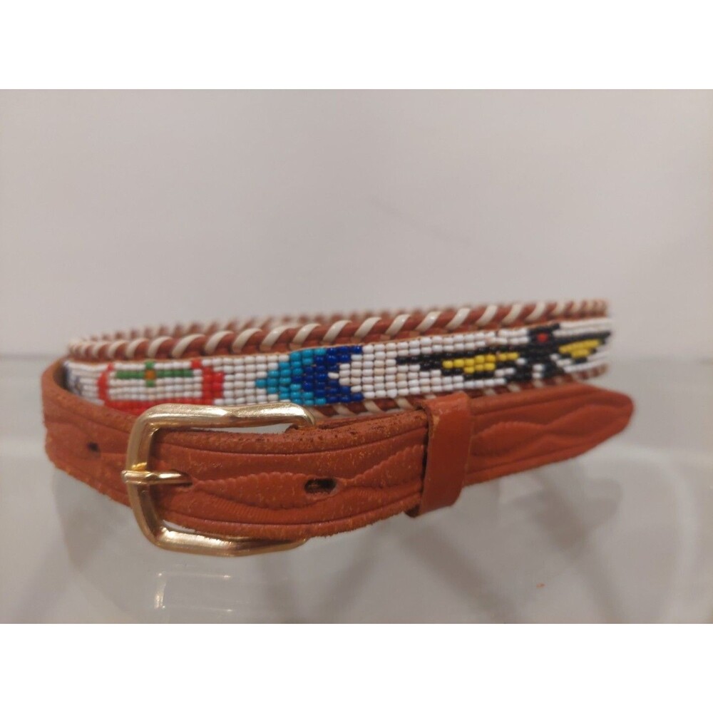 VTG Beaded Leather Belt Thunderbird Western Native American Laced Edge Size 28"